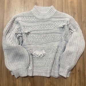 Carole Christian Chunky Knit Fringe Sweater Gray Wool Blend Mock Neck Women XXL
